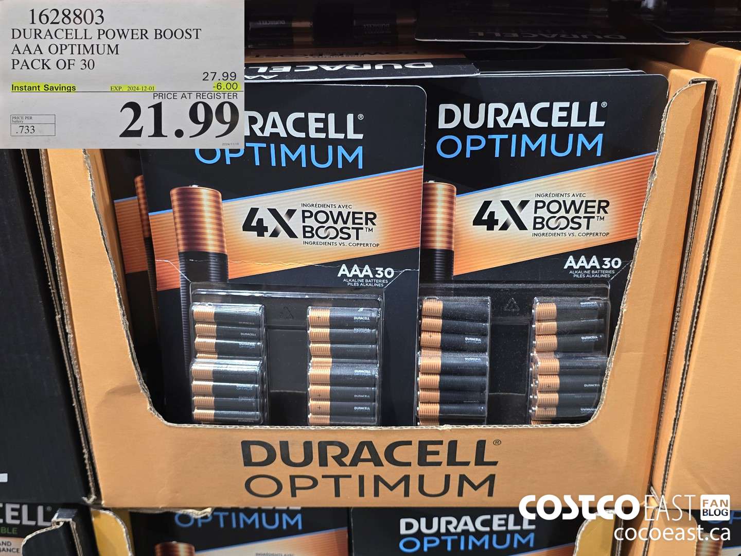 1628803 DURACELL POWER BOOST AAA OPTIMUM PACK OF 30 ($6.00 INSTANT SAVINGS EXPIRES ON 2024-12-01) $21.99