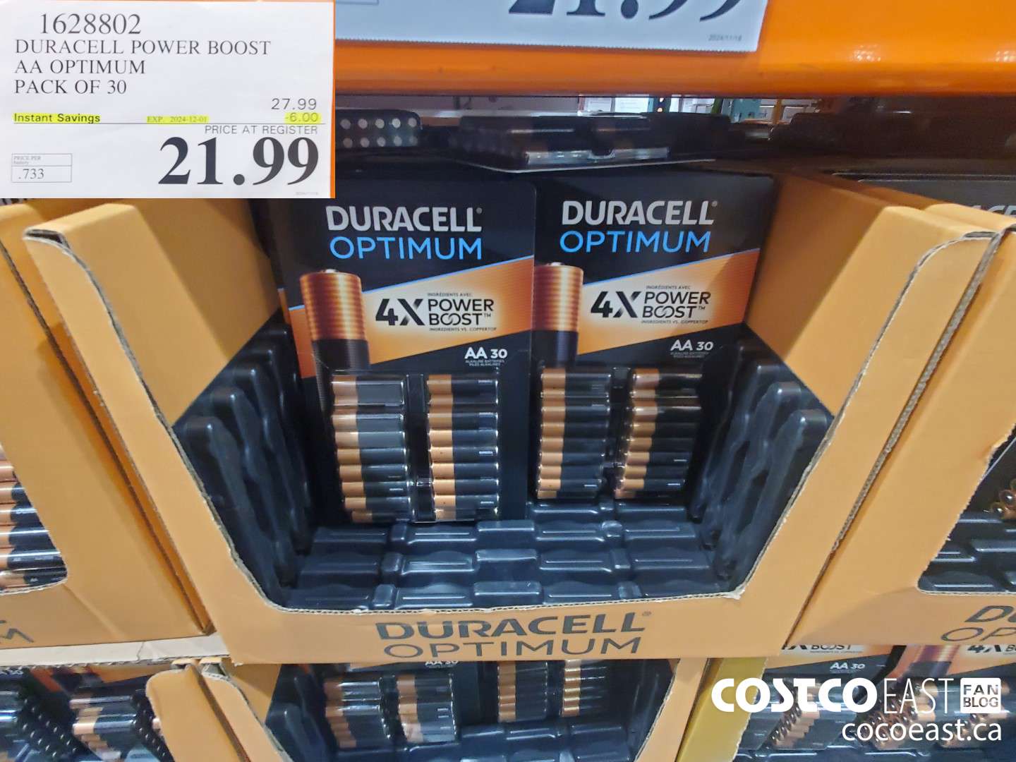 1628802 DURACELL POWER BOOST AA OPTIMUM PACK OF 30 ($6.00 INSTANT SAVINGS EXPIRES ON 2024-12-01) $21.99