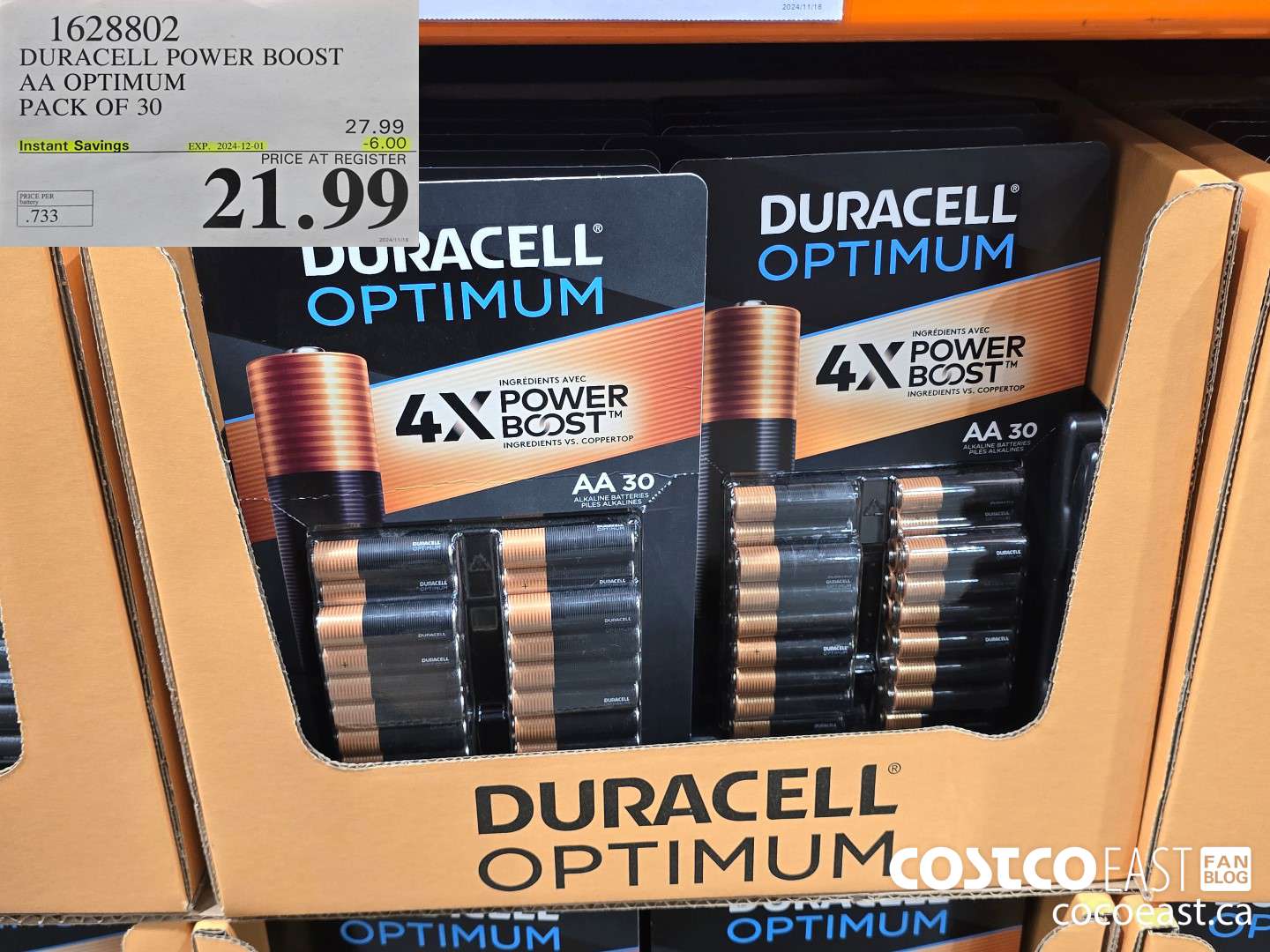 1628802 DURACELL POWER BOOST AA OPTIMUM PACK OF 30 ($6.00 INSTANT SAVINGS EXPIRES ON 2024-12-01) $21.99
