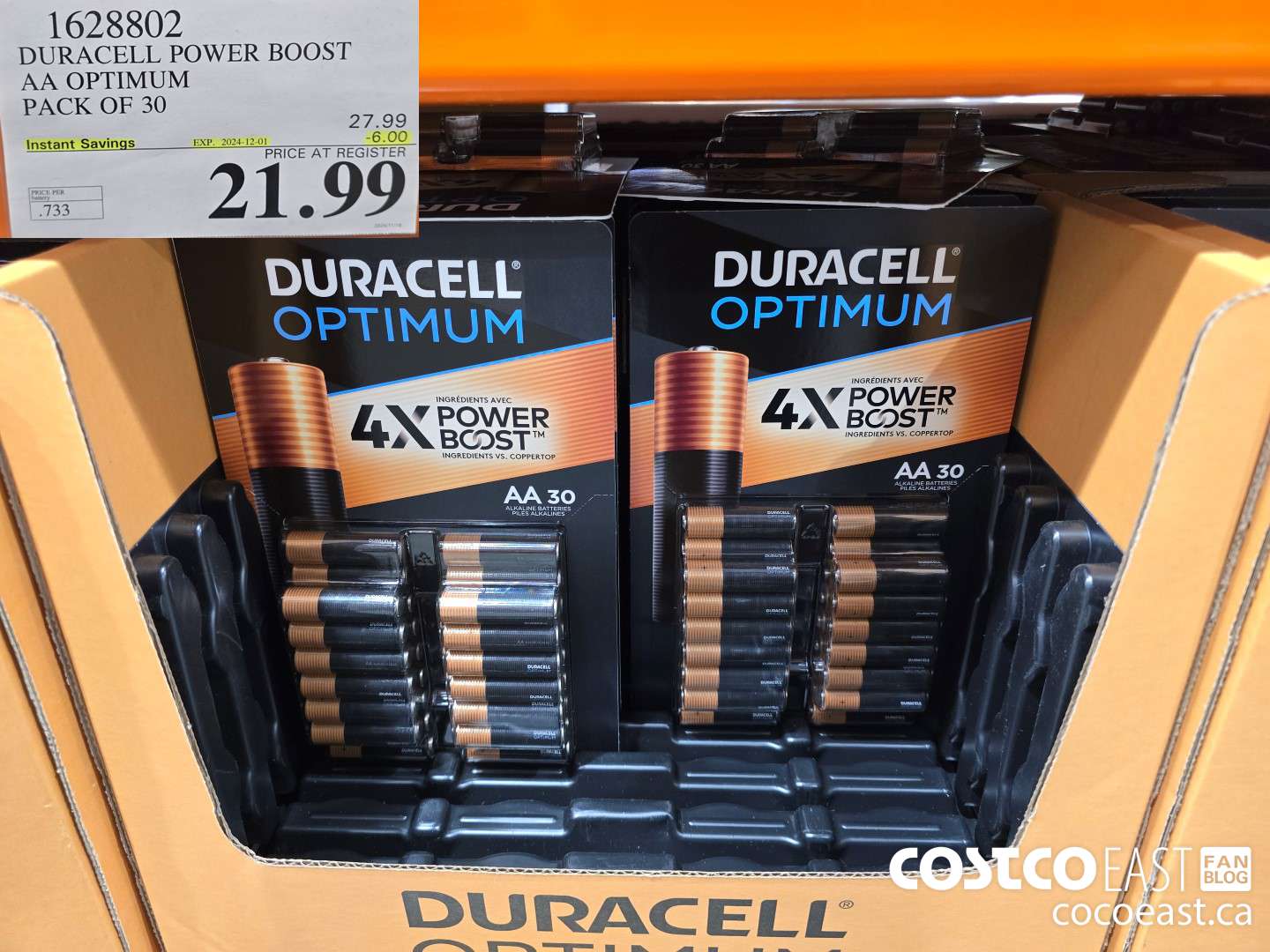 1628802 DURACELL POWER BOOST AA OPTIMUM PACK OF 30 ($6.00 INSTANT SAVINGS EXPIRES ON 2024-12-01) $21.99