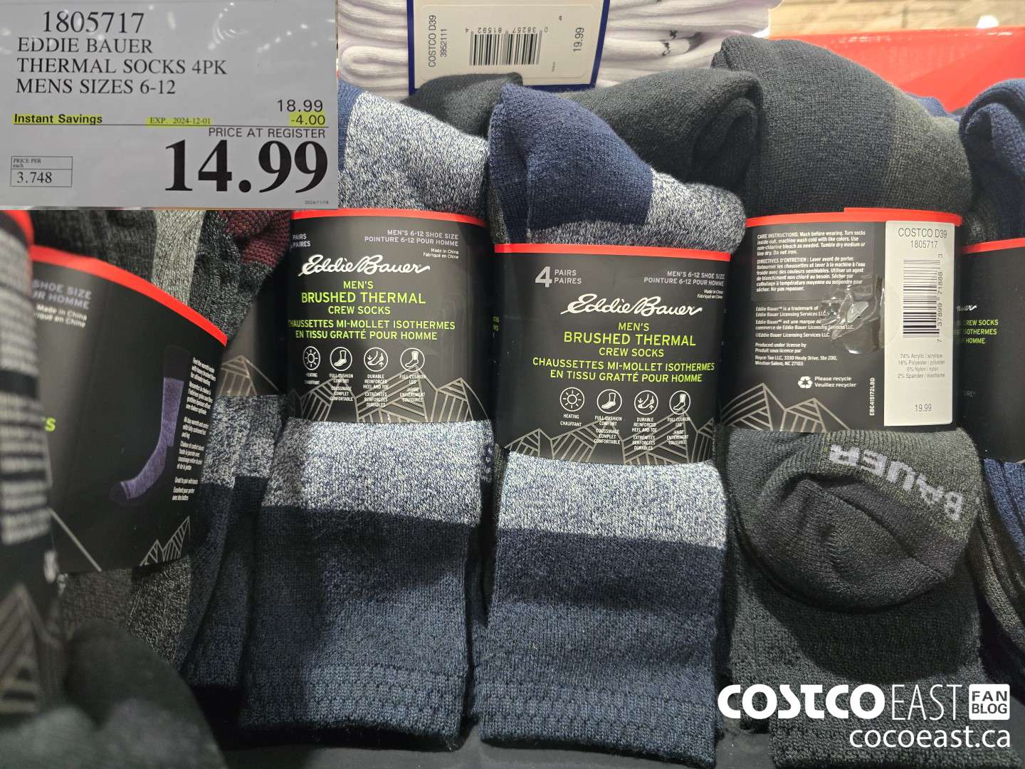 1805717 EDDIE BAUER THERMAL SOCKS 4PK MENS SIZES 6-12 2024-102-01 ($4.00 INSTANT SAVINGS) $14.99