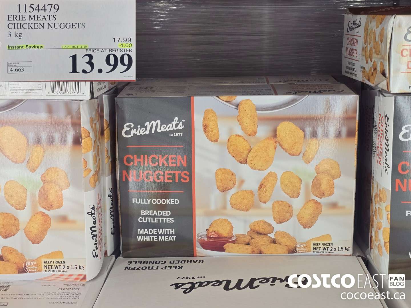 1154479 ERIE MEATS CHICKEN NUGGETS 3 kg ($4.00 INSTANT SAVINGS EXPIRES ON 2024-11-10) $13.99