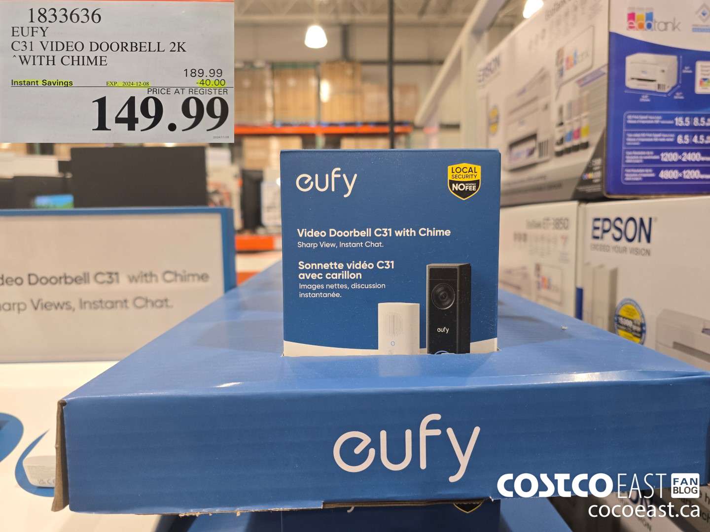 1833636 EUFY C30 VIDEO DOORBELL 2K WITH CHIME ($40.00 INSTANT SAVINGS EXPIRES ON 2024-12-08) $149.99