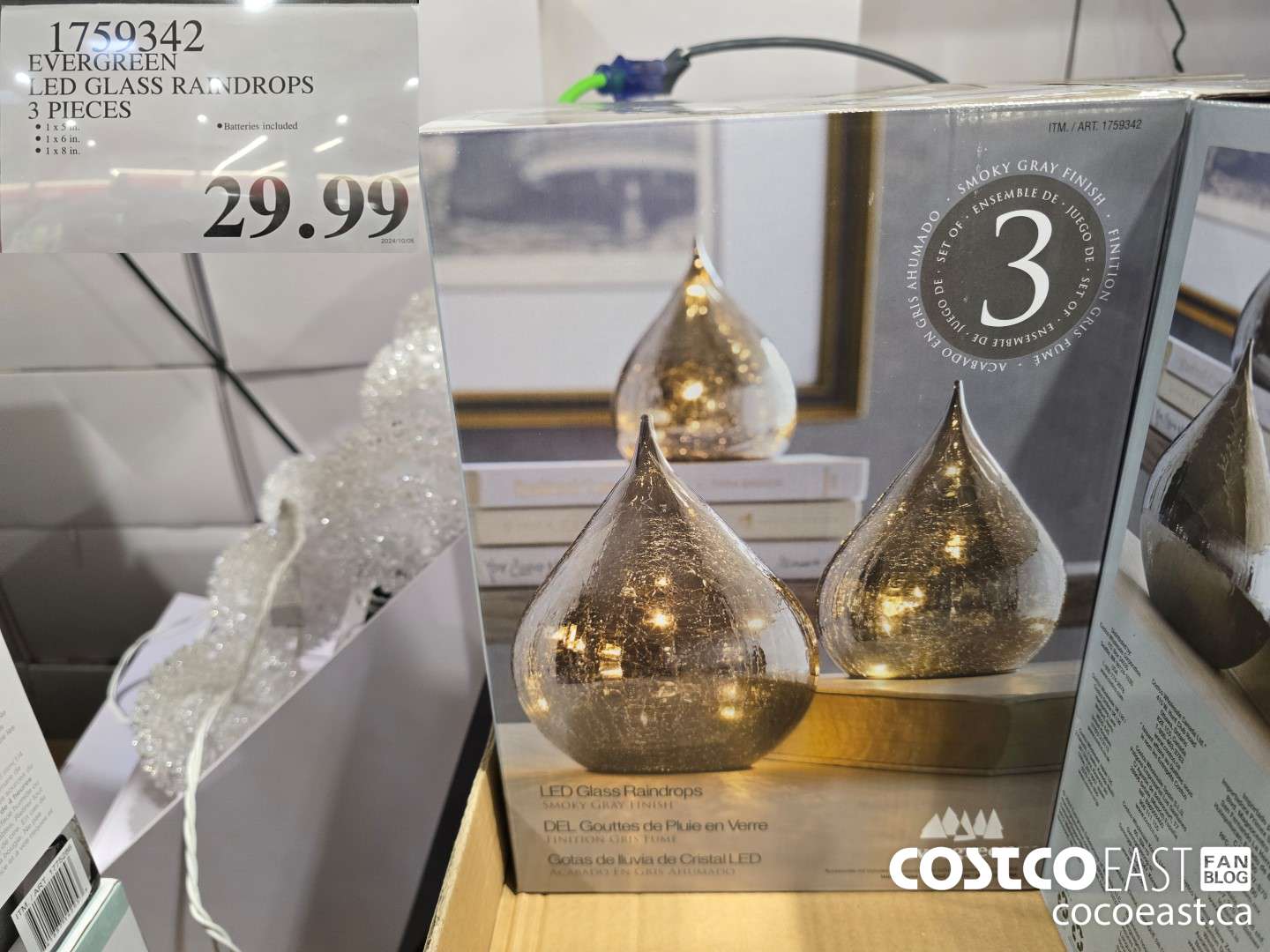 1759342 EVERGREEN LED GLASS RAINDROPS 3 PIECES $29.99