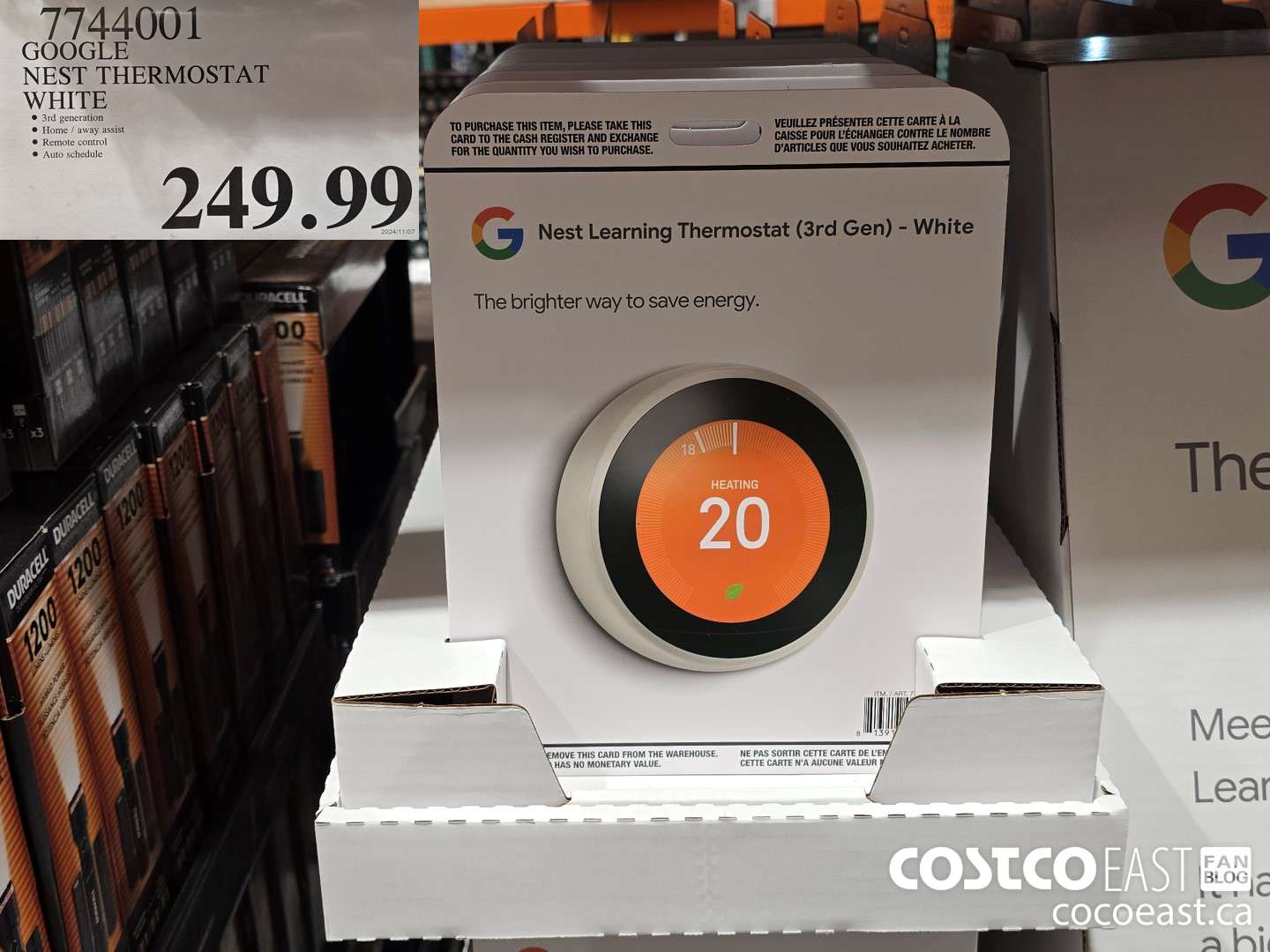 7744001 GOOGLE NEST THERMOSTAT WHITE $249.99