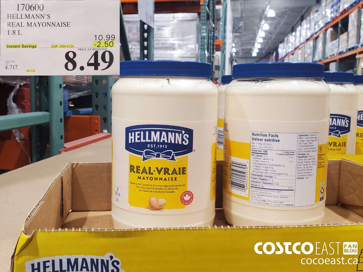 170600 HELLMANN'S REAL MAYONNAISE 1.8 L ($2.50 INSTANT SAVINGS EXPIRES ON 2024-11-24) $8.49