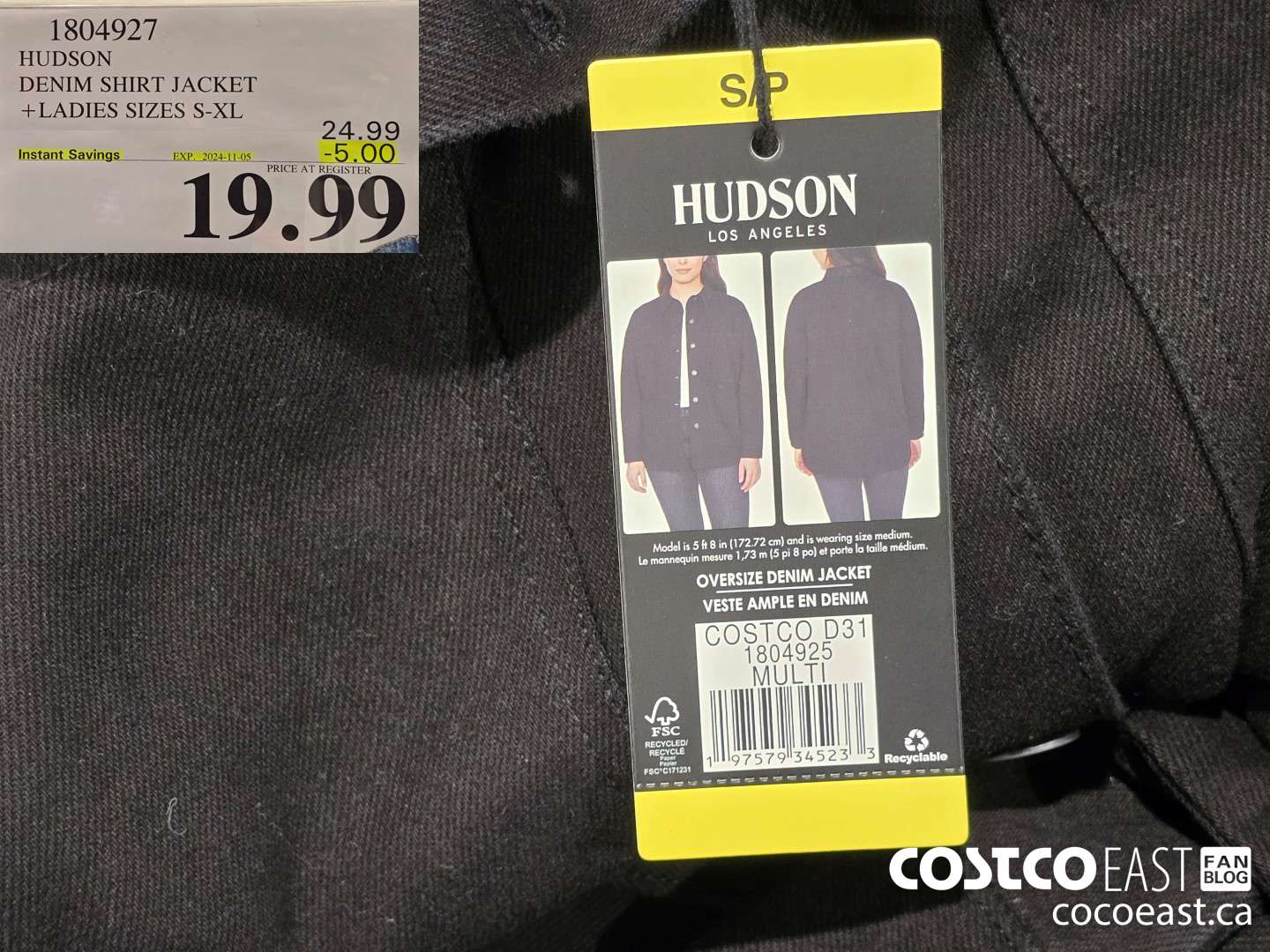 1804927 HUDSON DENIM SHIRT JACKET +LADIES SIZES S-XL ($5.00 INSTANT SAVINGS EXPIRES ON 2024-11-05) $19.99