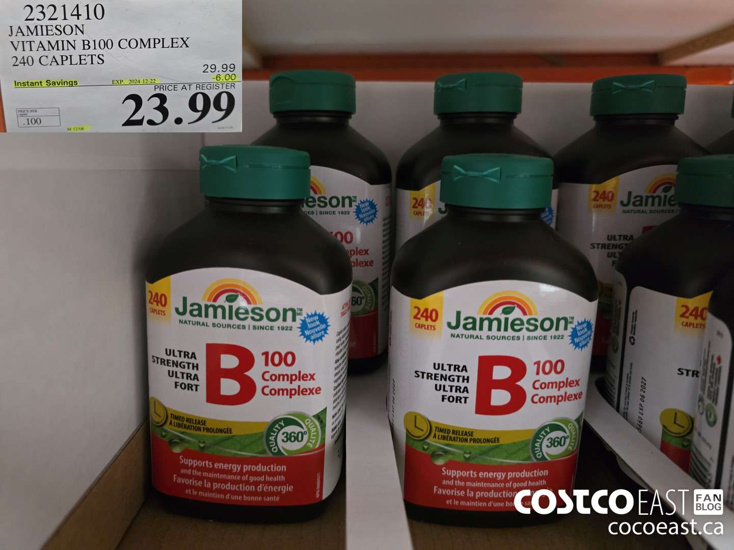 2321410 JAMIESON VITAMIN B100 COMPLEX 240 CAPLETS ($6.00 INSTANT SAVINGS EXPIRES ON 2024-12-22) $23.99