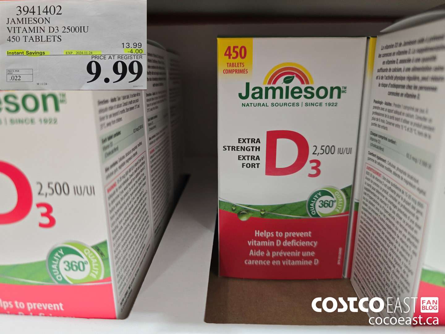 3941402 JAMIESON VITAMIN D3 2500IU 450 TABLETS ($4.00 INSTANT SAVINGS EXPIRES ON 2024-11-24) $9.99