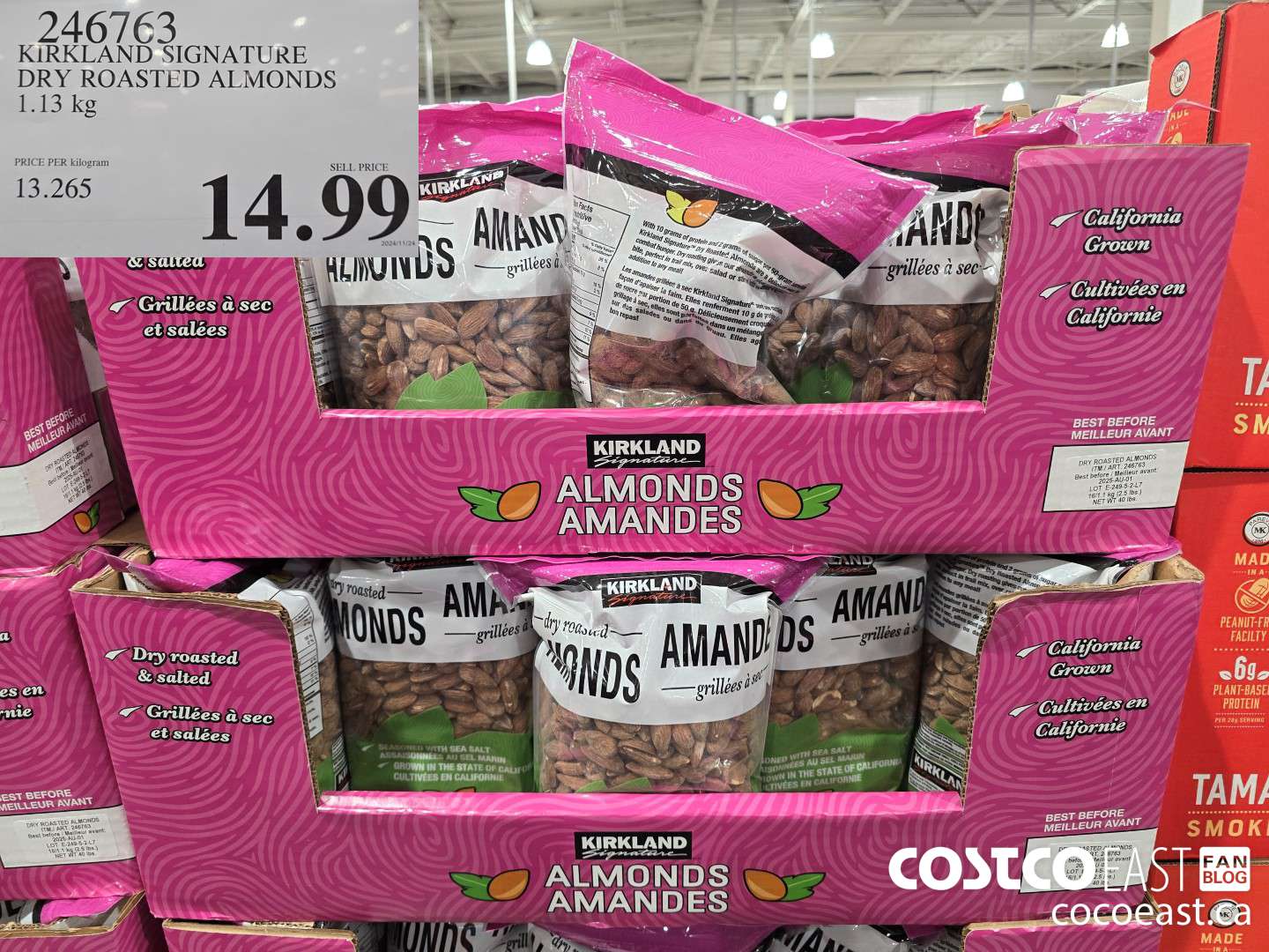 246763 KIRKLAND SIGNATURE DRY ROASTED ALMONDS 1.13 KG $14.99