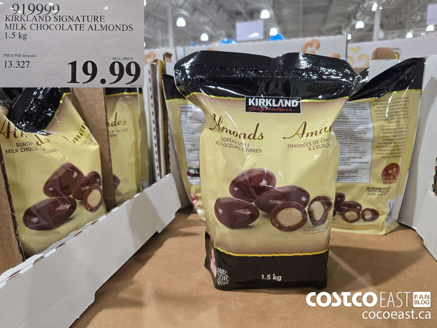 919999 KIRKLAND SIGNATURE MILK CHOCOLATE ALMONDS 1.5 KG $19.99