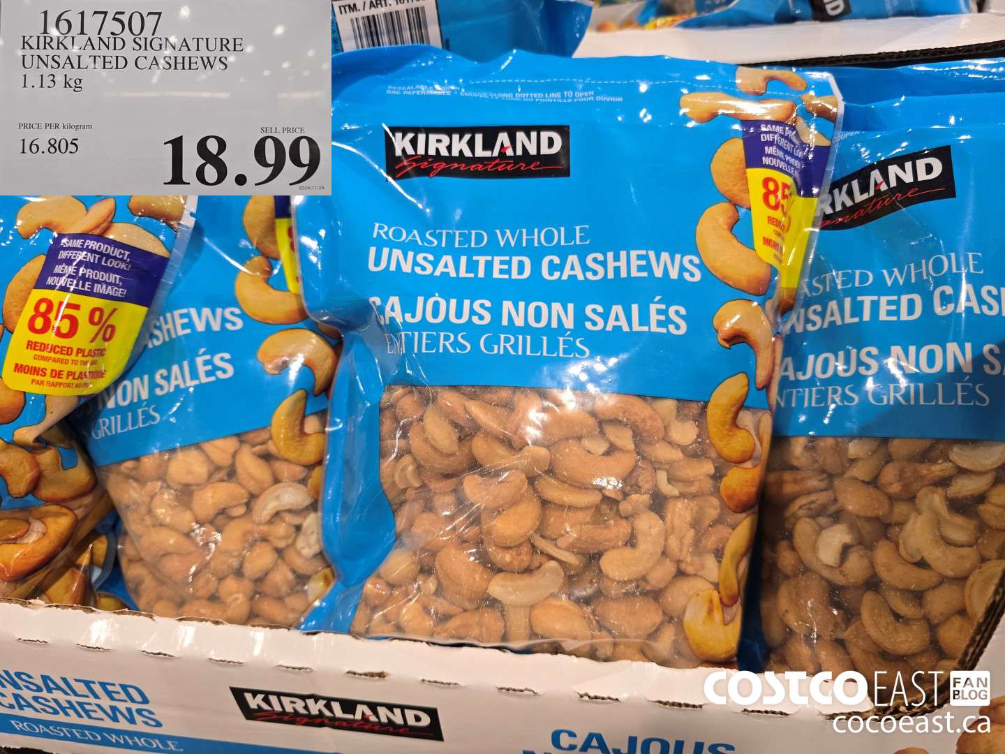 1617507 KIRKLAND SIGNATURE UNSALTED CASHEWS 1.13 KG $18.99