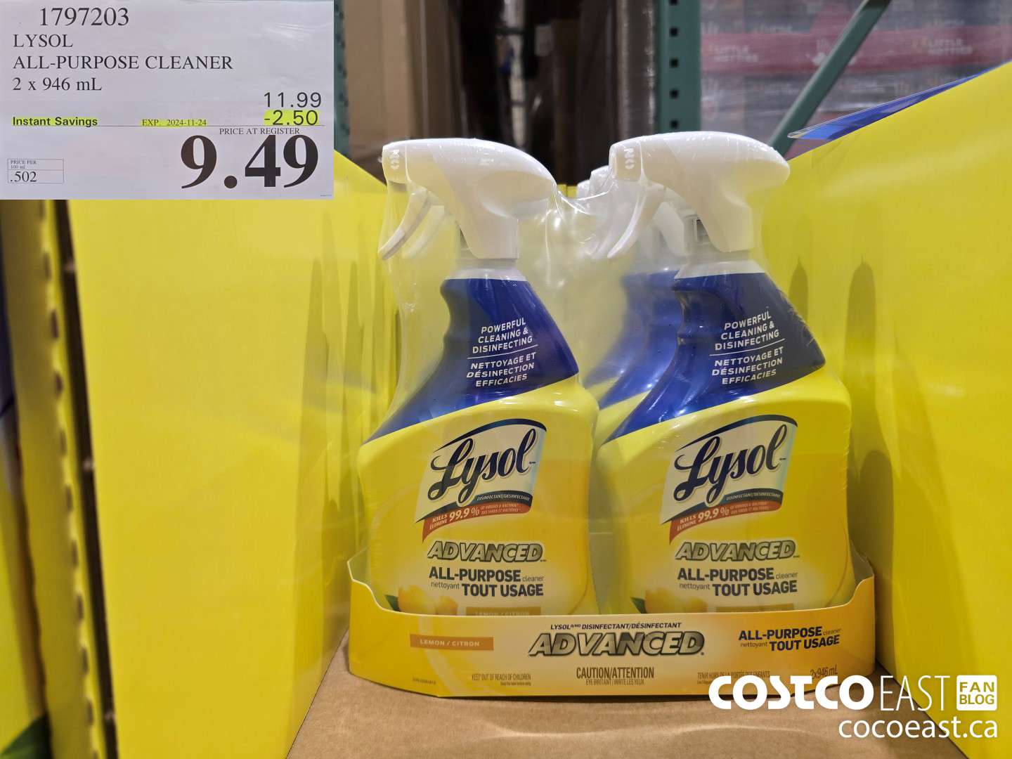 1797203 LYSOL ALL-PURPOSE CLEANER 2 x 946 mL ($2.50 INSTANT SAVINGS EXPIRES ON 2024-11-24) $9.49