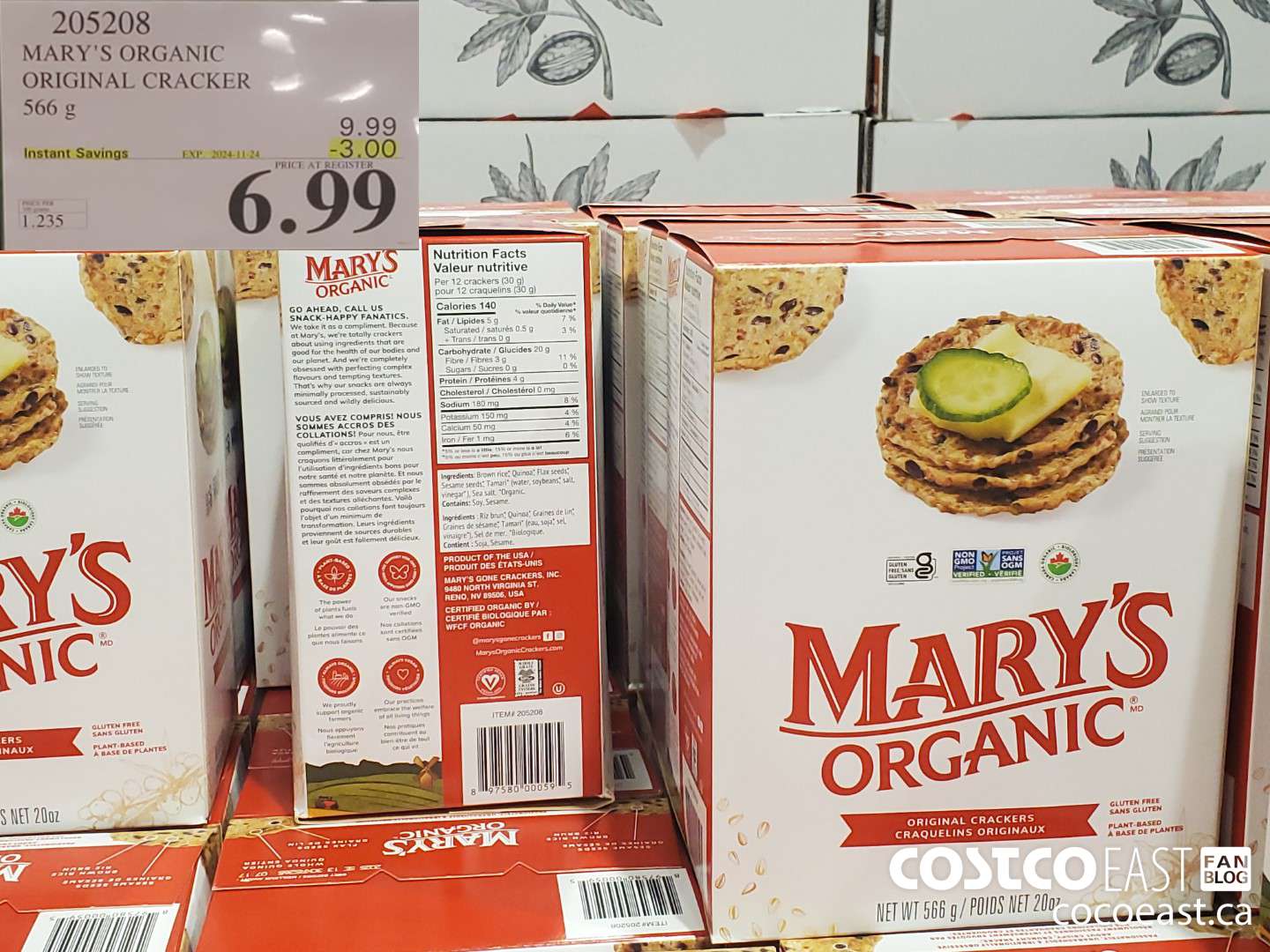 205208 MARY'S ORGANIC ORIGINAL CRACKER 566 G ($3.00 INSTANT SAVINGS EXPIRES ON 2024-11-24) $6.99