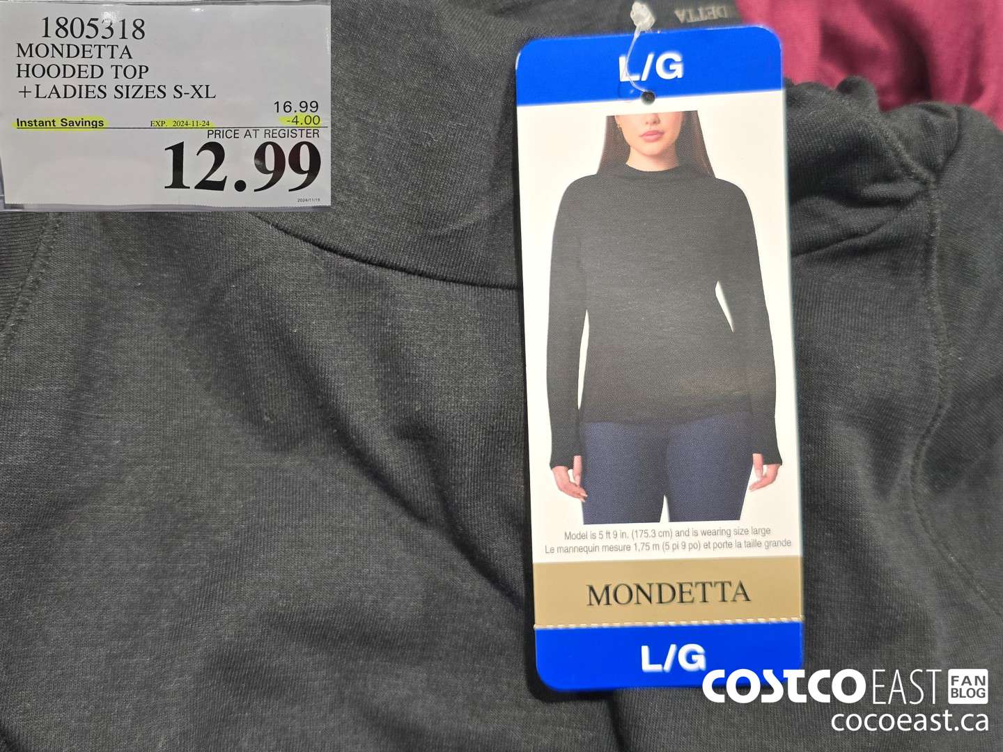 1805318 MONDETTA HOODED TOP + LADIES SIZES S-XL ($4.00 INSTANT SAVINGS EXPIRES ON 2024-11-24) $12.99