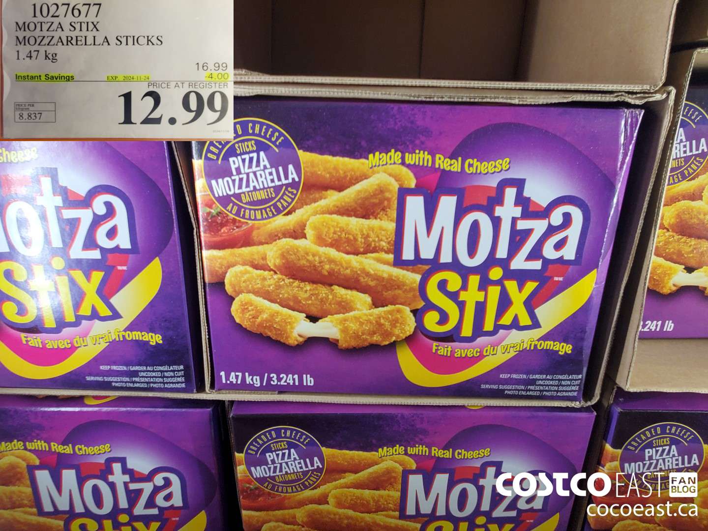 1027677 MOTZA STIX MOZZARELLA STICKS 1.47 KG  ($4.00 INSTANT SAVINGS EXPIRES ON 2024-11-24) $12.99