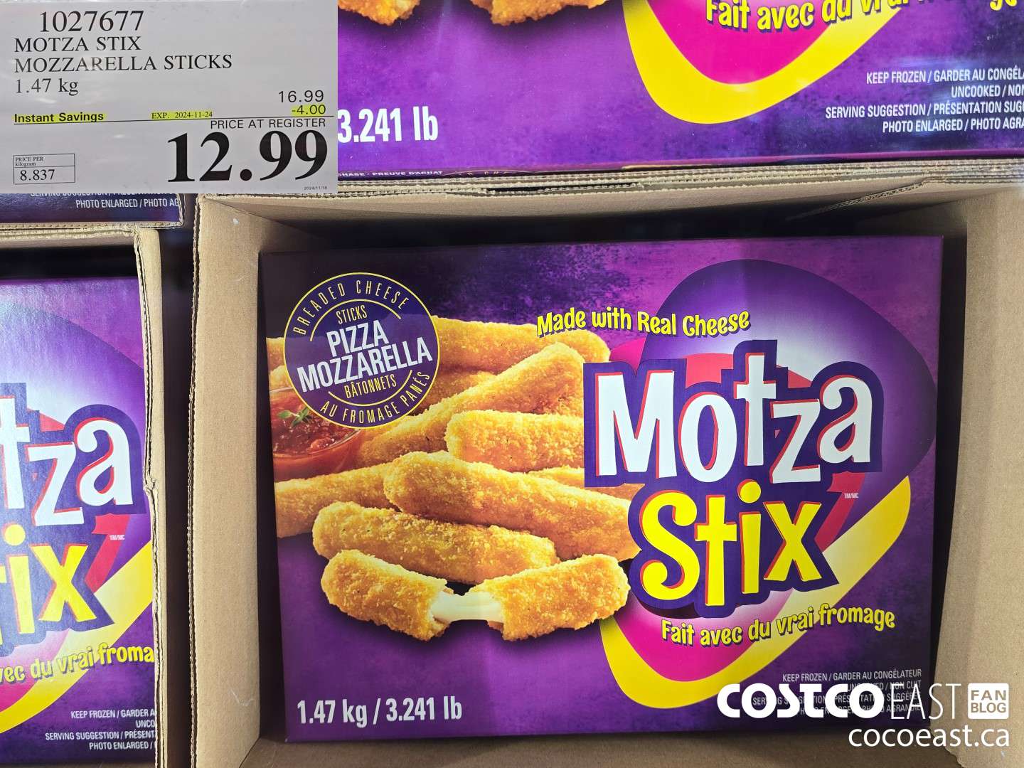 1027677 MOTZA STIX MOZZARELLA STICKS 1.47 KG  ($4.00 INSTANT SAVINGS EXPIRES ON 2024-11-24) $12.99