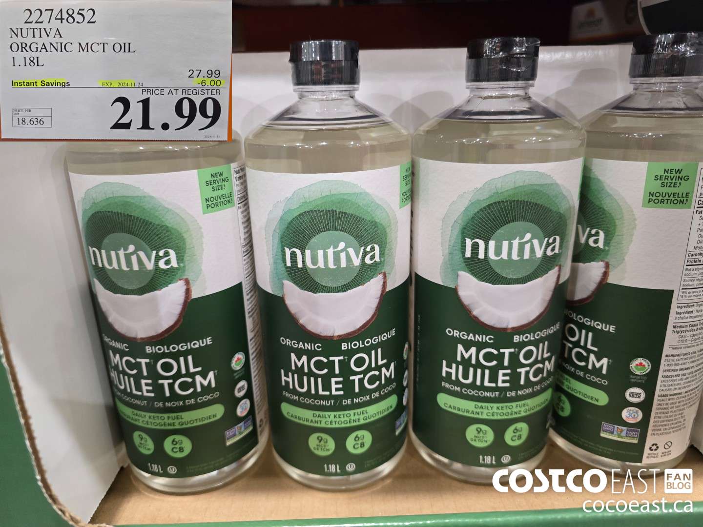 2274852 NUTIVA ORGANIC MCT OIL 1.18L ($6.00 INSTANT SAVINGS EXPIRES ON 2024-11-24) $21.99