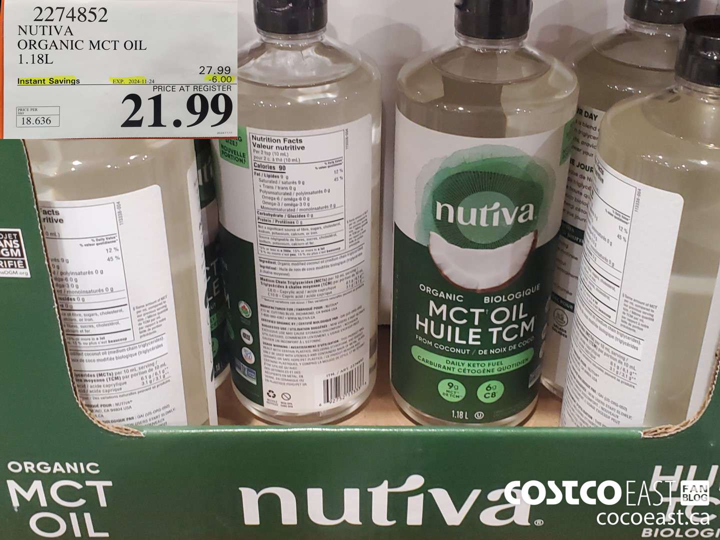 2274852 NUTIVA ORGANIC MCT OIL 1.18L ($6.00 INSTANT SAVINGS EXPIRES ON 2024-11-24) $21.99