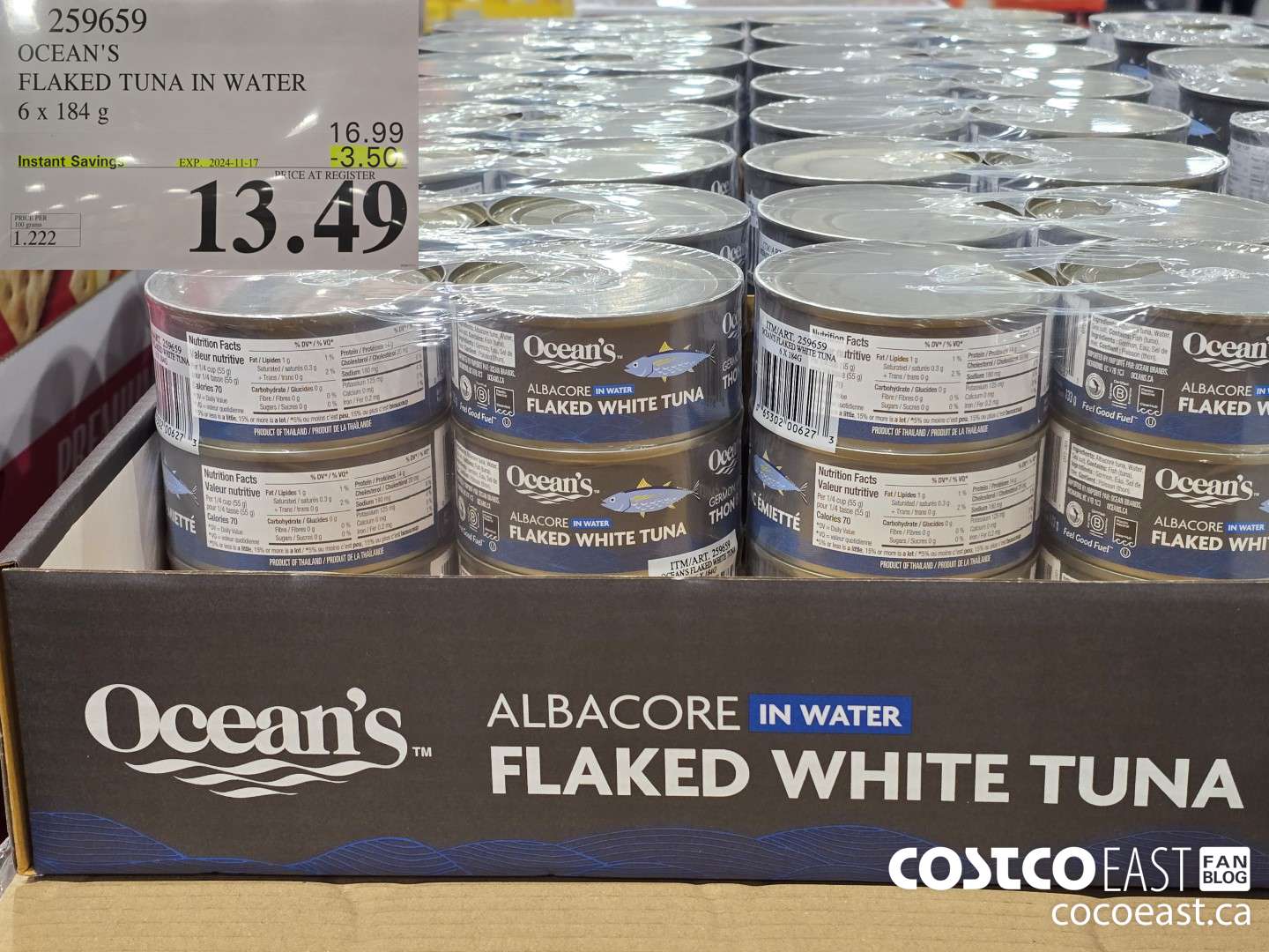 259659 OCEAN'S FLAKED TUNA IN WATER 6 x 184 G ($3.50 INSTANT SAVINGS EXPIRES ON 2024-11-17) $13.49