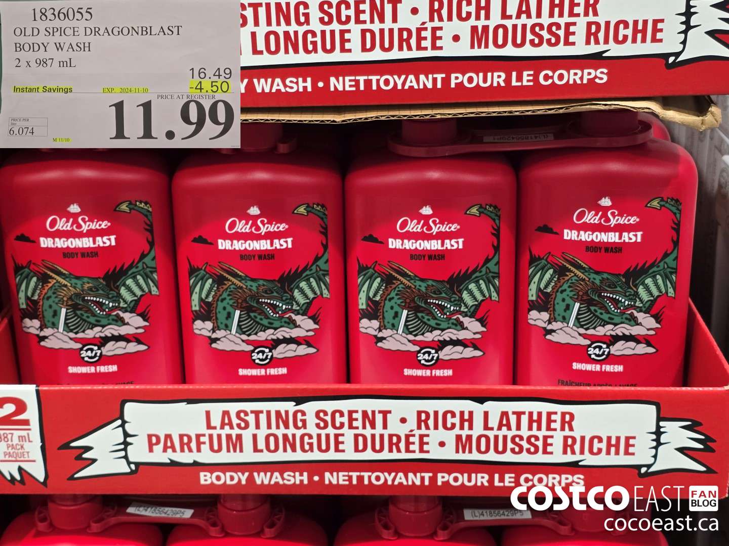 1836055 OLD SPICE DRAGONBLAST BODY WASH 2 X 987 mL ($4.50 INSTANT SAVINGS EXPIRES ON 2024-11-10) $11.99