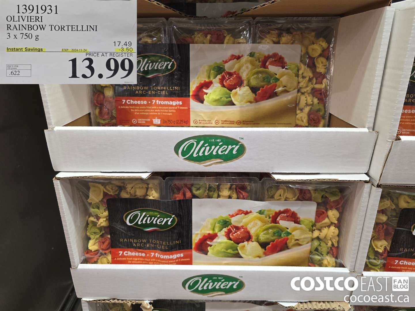 1391931 OLIVIERI RAINBOW TORTELLINI 3 x 750G  ($3.50 INSTANT SAVINGS EXPIRES ON 2024-11-24) $13.99
