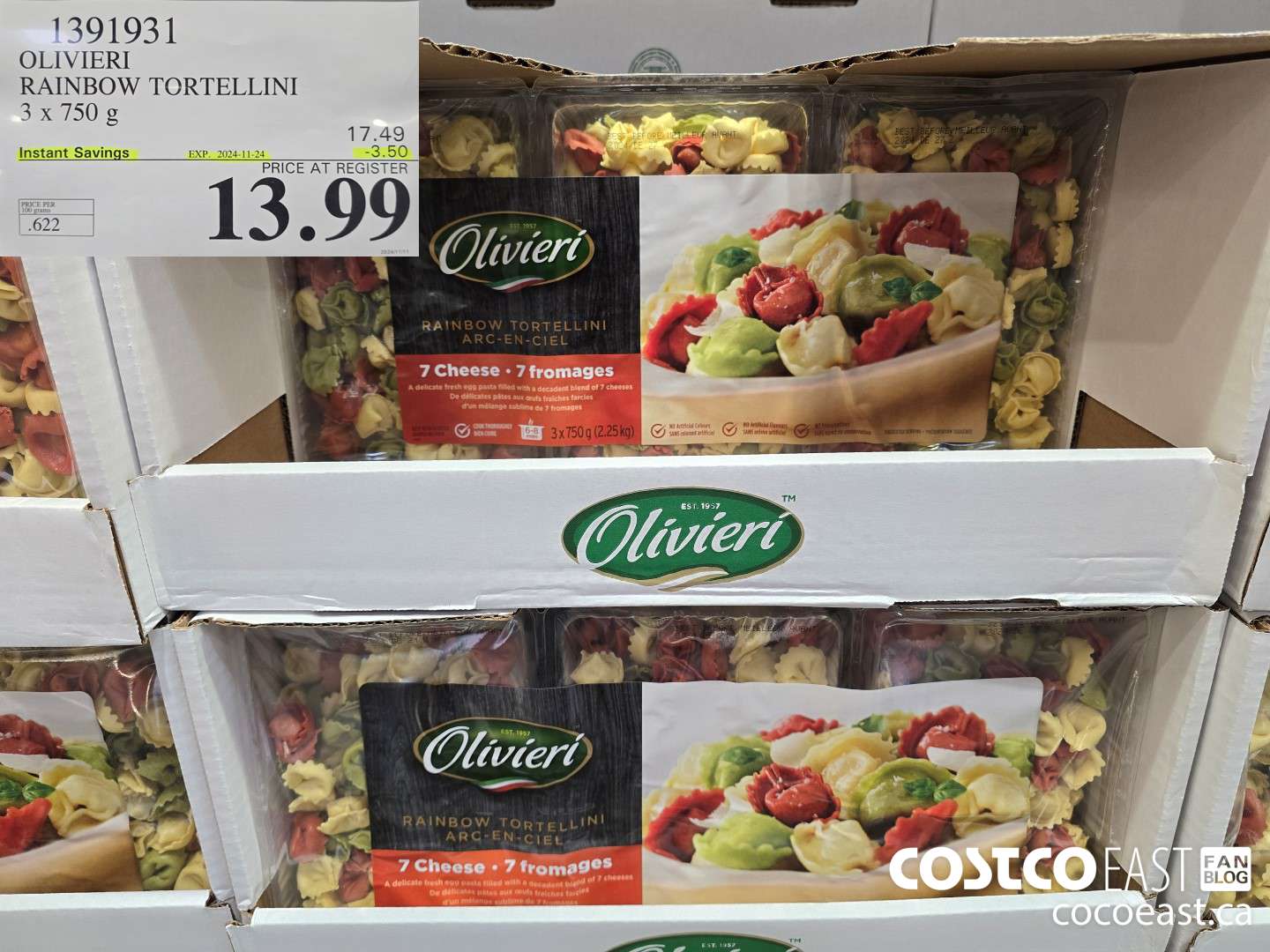 1391931 OLIVIERI RAINBOW TORTELLINI 3 x 750 g ($3.50 INSTANT SAVINGS EXPIRES ON 2024-11-24) $13.99