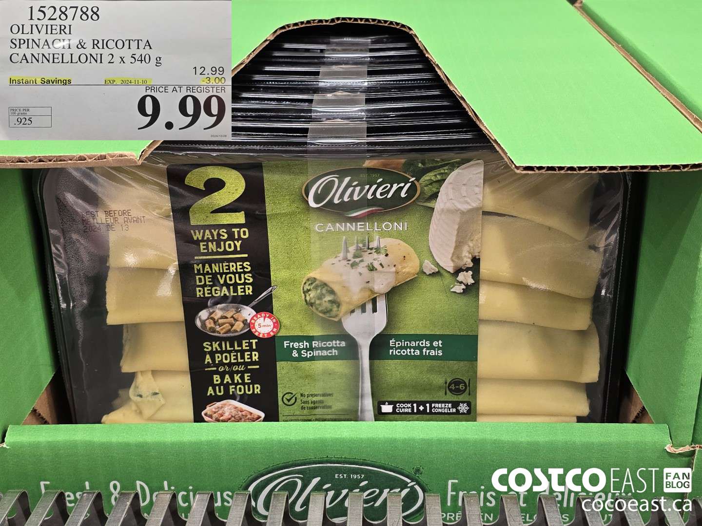 1528788 OLIVIERY SPINACH & RICOTTA CANNELLONI 2 X 540 G ($3.00 INSTANT SAVINGS EXPIRES ON 2024-11-10) $9.99