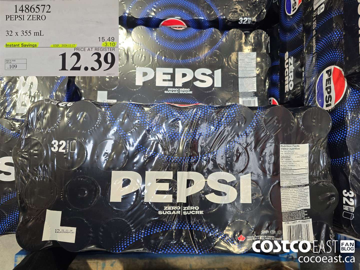 1486572 PEPSI ZERO 32 X 355 ML ($3.10 INSTANT SAVINGS EXPIRES ON 2024-11-17) $12.39