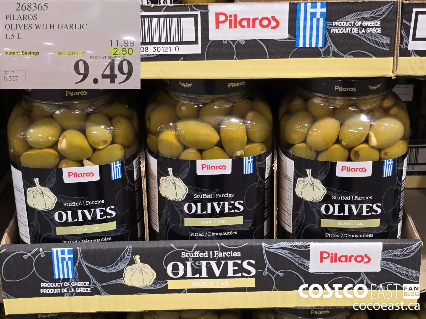 268365 PILAROS OLIVES WITH GARLIC 1.5 L ($2.50 INSTANT SAVINGS EXPIRES ON 2024-11-17) $9.49