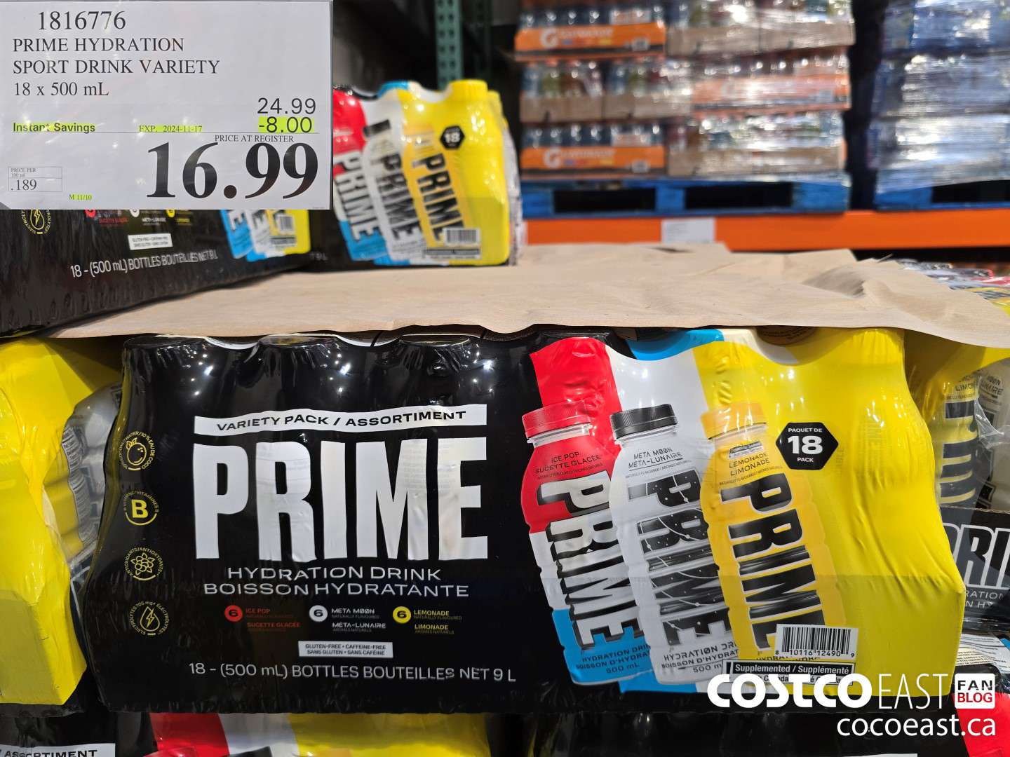 1816776 PRIME HYDRATION SPORT DRINK VARIETY 18 x 500 mL ($8.00 INSTANT SAVINGS EXPIRES ON 2024-11-17) $16.99