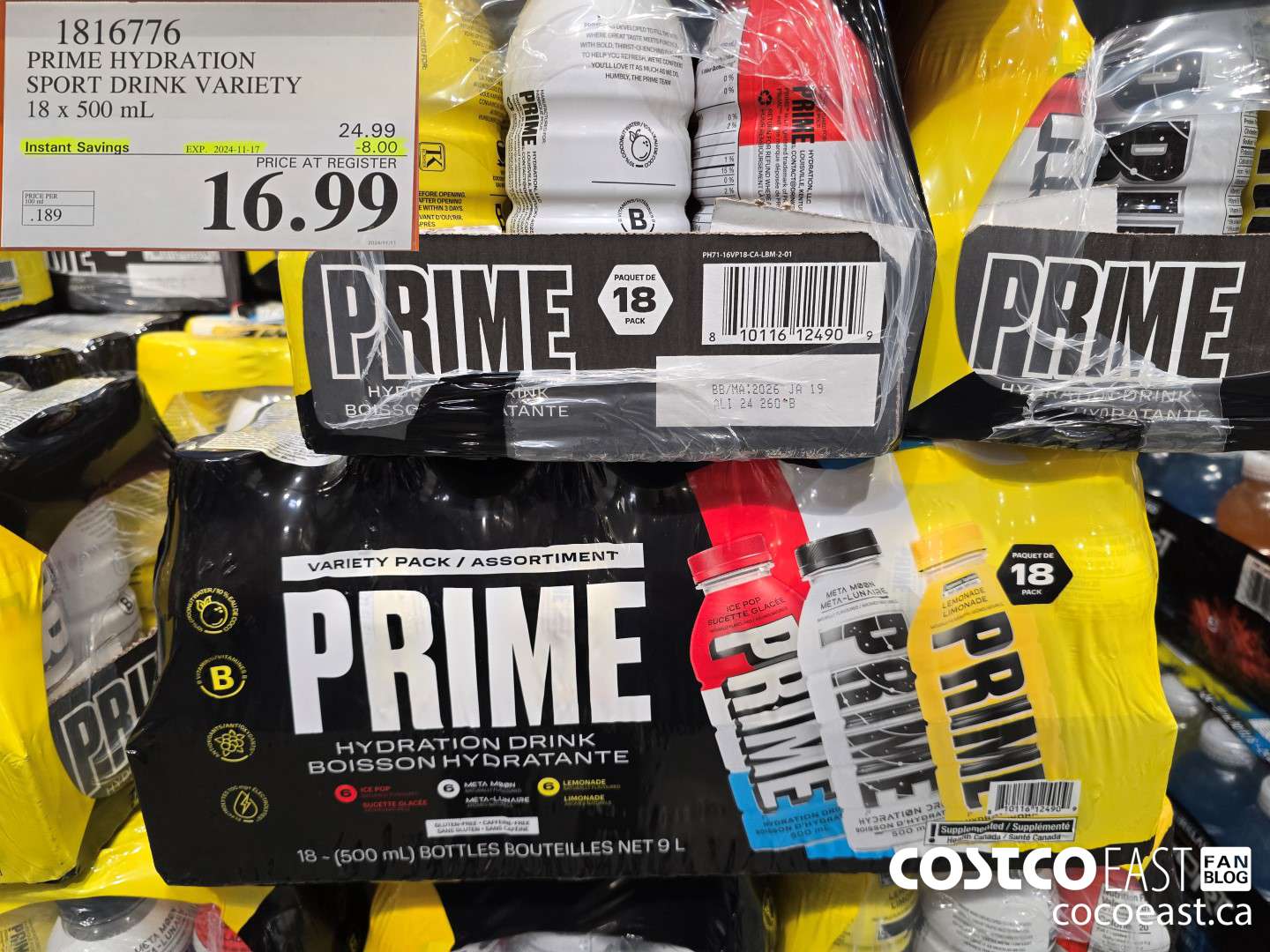 1816776 PRIME HYDRATION SPORT DRINK VARIETY 18 x 500 mL ($8.00 INSTANT SAVINGS EXPIRES ON 2024-11-17) $16.99