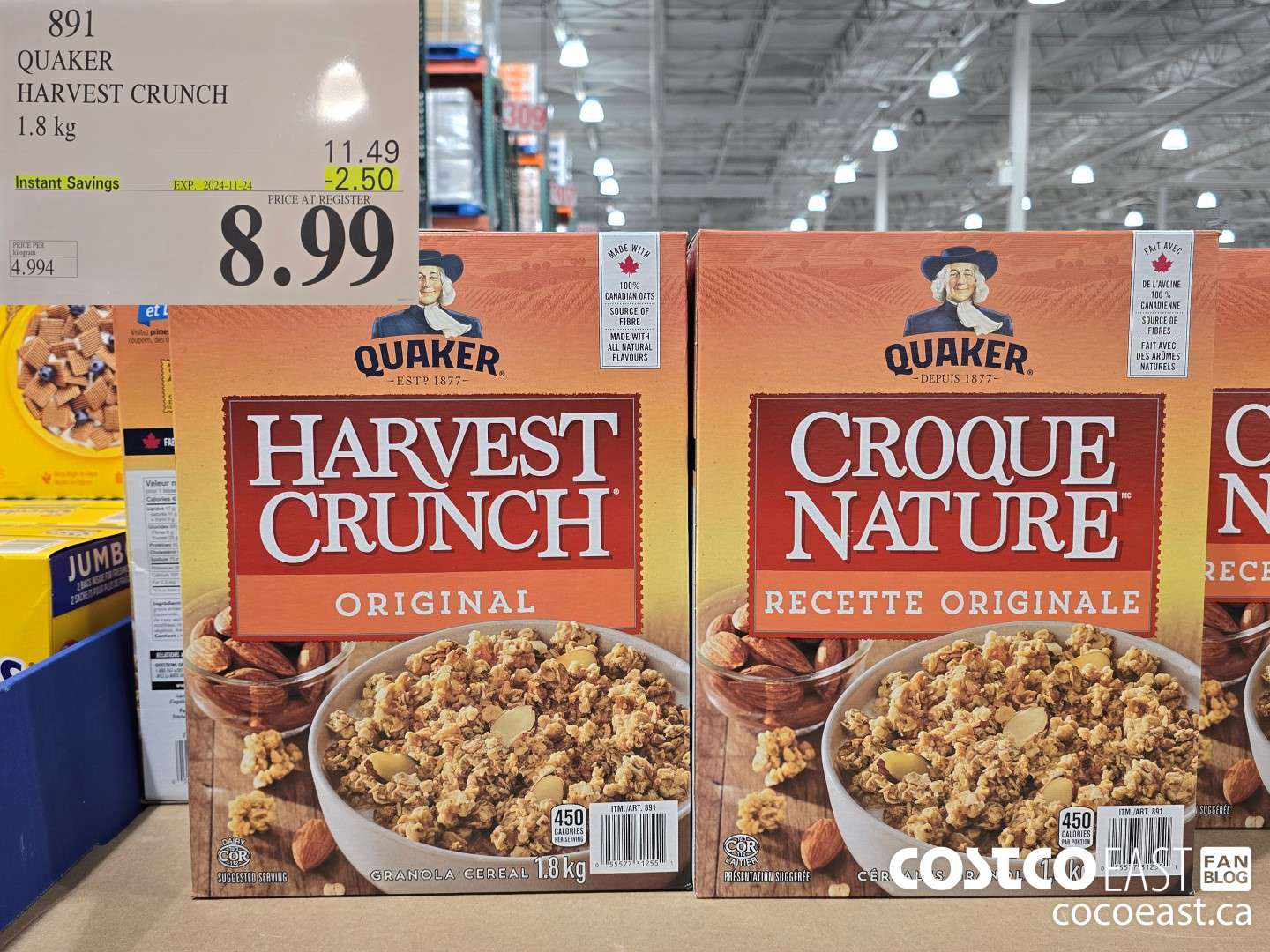 891 QUAKER HARVEST CRUNCH 1.8 kg  ($2.50 INSTANT SAVINGS EXPIRES ON 2024-11-24) $8.99