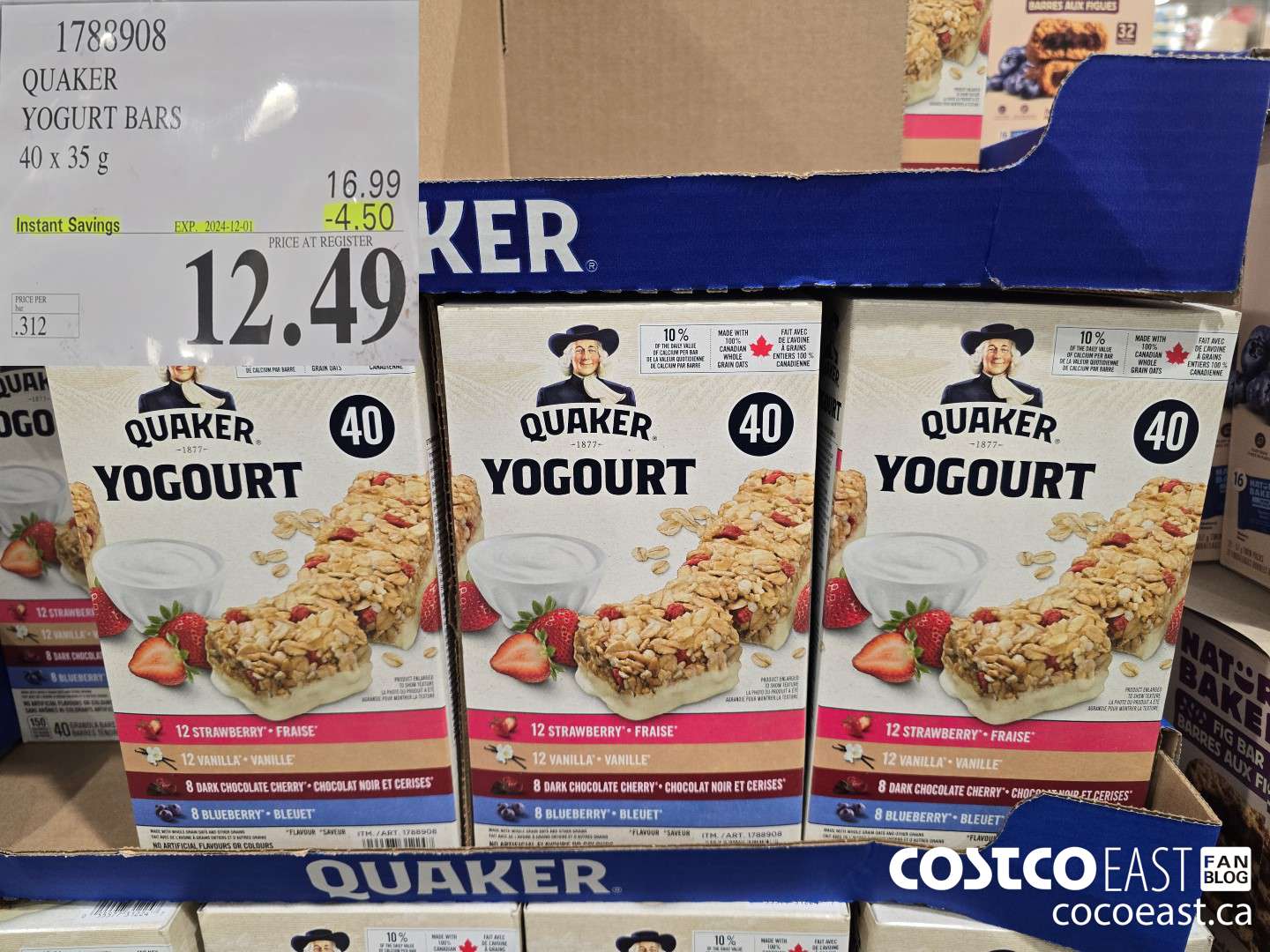 1788908 QUAKER YOGURT BARS 40 x 35g ($4.50 INSTANT SAVINGS EXPIRES ON 2024-12-01) $12.49