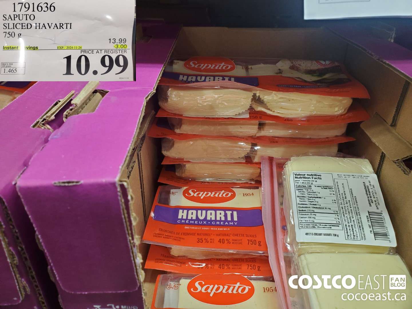 1791636 SAPUTO SLICED HAVARTI 750 G ($3.00 INSTANT SAVINGS EXPIRES ON 2024-09-22) $10.99