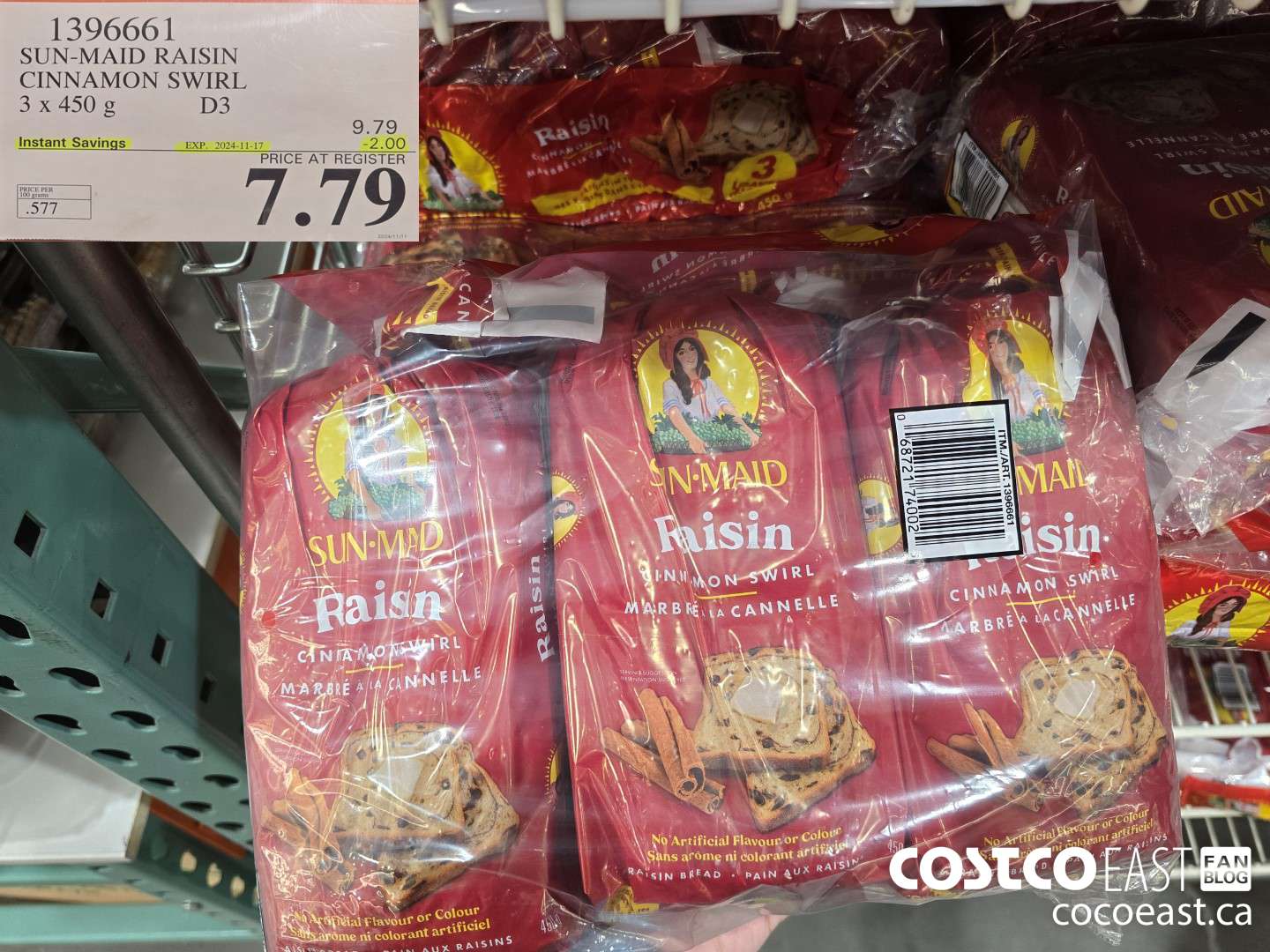 1396661 SUN-MAID RAISIN CINNAMON SWIRL 3 x 450 g ($2.00 INSTANT SAVINGS EXPIRES ON 2024-11-17) $7.79