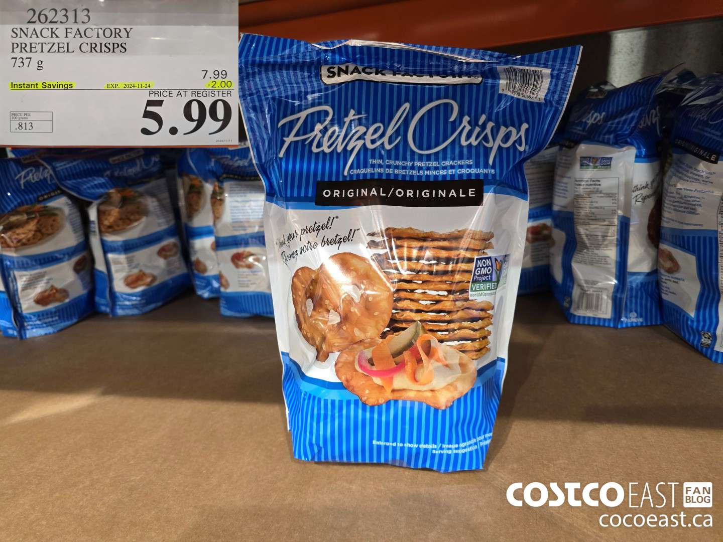 262313 THE SNACK FACTORY PRETZEL CRISPS 737 G ($2.00 INSTANT SAVINGS EXPIRES ON 2024-11-24) $5.99