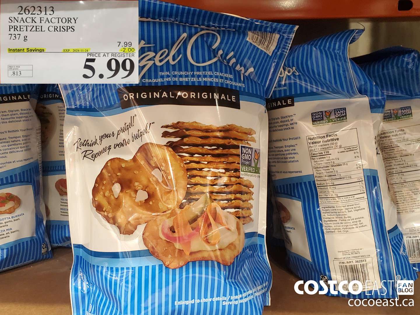 262313 THE SNACK FACTORY PRETZEL CRISPS 737 G ($2.00 INSTANT SAVINGS EXPIRES ON 2024-11-24) $5.99