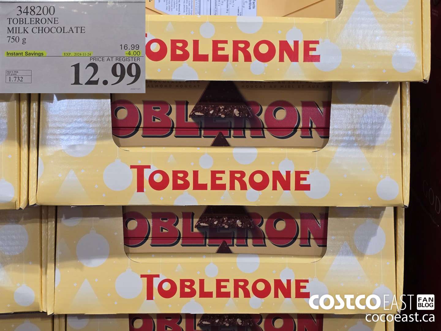 348200 TOBLERONE MILK CHOCOLATE 750 G ($4.00 INSTANT SAVINGS EXPIRES ON 2024-11-24) $12.99
