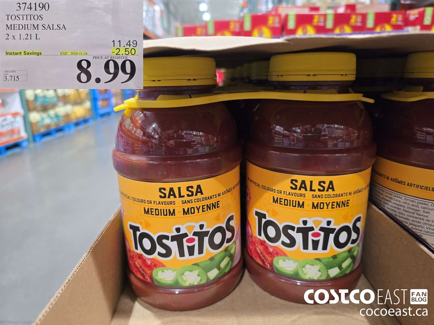 374190 TOSTITOS MEDIUM SALSA 2 X 1.21 L ($2.50 INSTANT SAVINGS EXPIRES ON 2024-11-24) $8.99