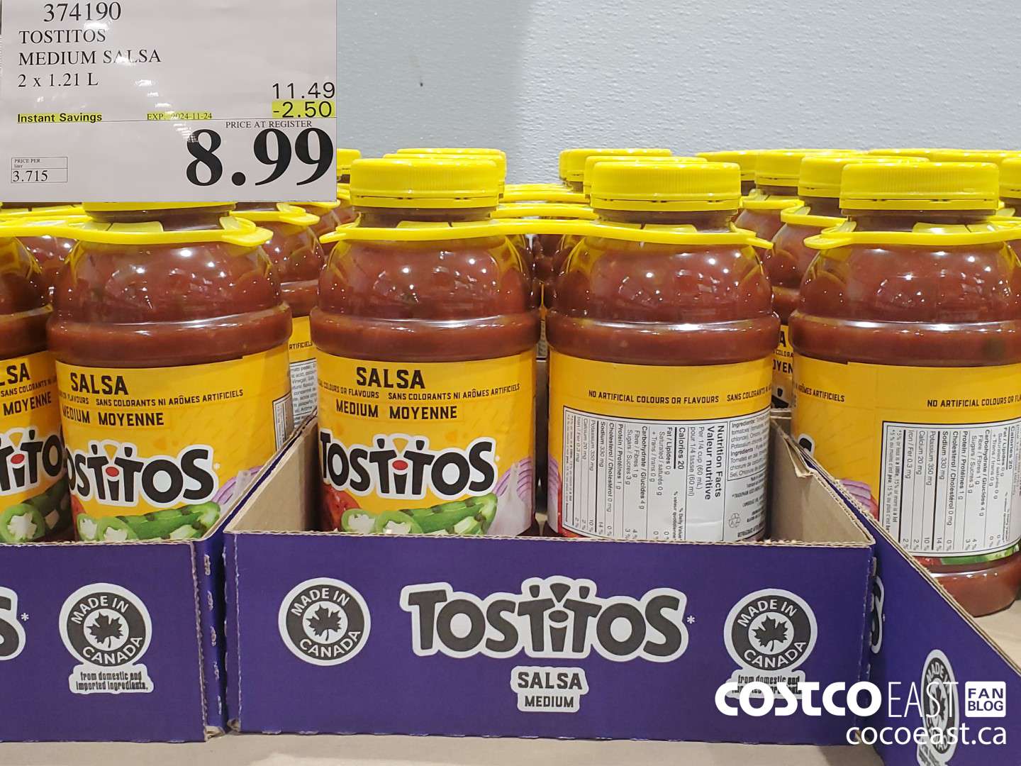 374190 TOSTITOS MEDIUM SALSA 2 X 1.21 L ($2.50 INSTANT SAVINGS EXPIRES ON 2024-11-24) $8.99