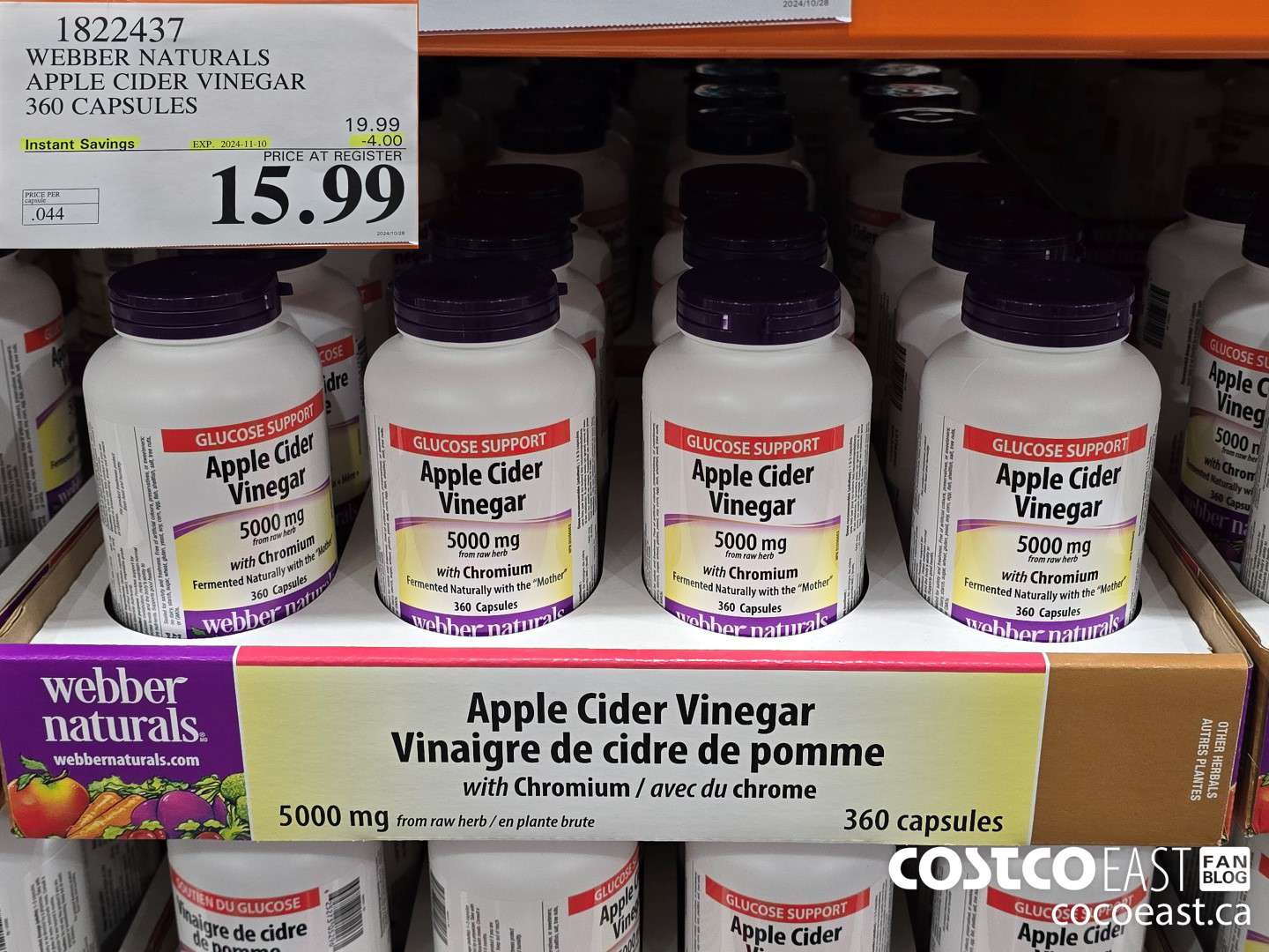 1822437 WEBBER NATURALS APPLE CIDER VINEGAR 360 CAPSULES ($4.00 INSTANT SAVINGS EXPIRES ON 2024-11-10) $15.99