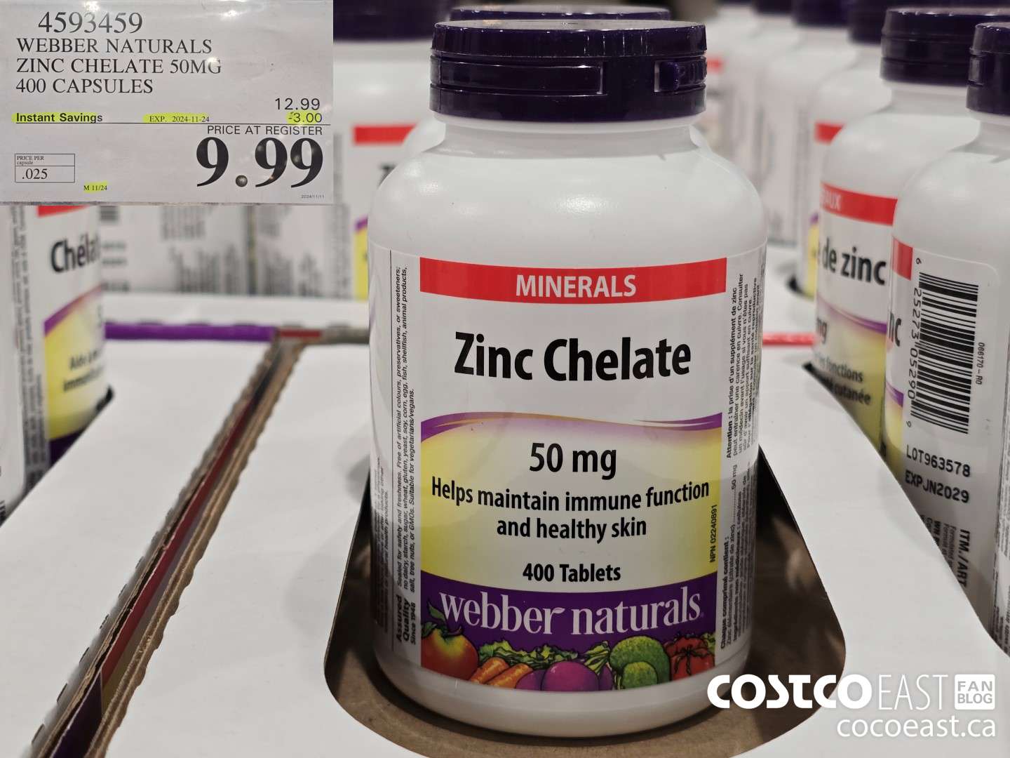 4593459 WEBBER NATURALS ZINC CHELATE 50MG 400 CAPSULES ($3.00 INSTANT SAVINGS EXPIRES ON 2024-11-24) $9.99