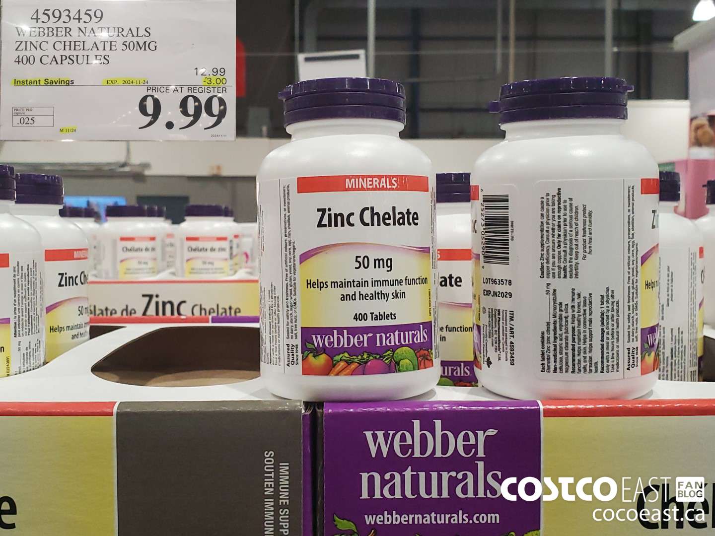 4593459 WEBBER NATURALS ZINC CHELATE 50MG 400 CAPSULES ($3.00 INSTANT SAVINGS EXPIRES ON 2024-11-24) $9.99