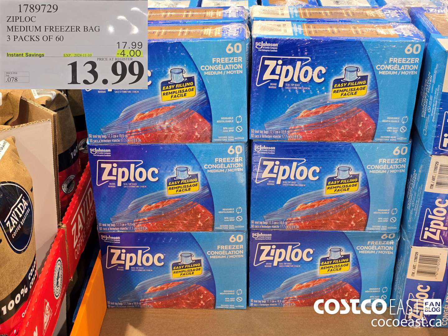 1789729 ZIPLOC MEDIUM FREEZER BAG 3 PACKS OF 60 ($4.00 INSTANT SAVINGS EXPIRES ON 2024-11-10) $13.99