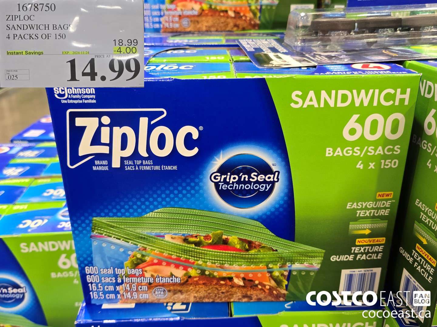 1678750 ZIPLOC SANDWICH BAGS 4 PACKS OF 150 ($4.00 INSTANT SAVINGS EXPIRES ON 2024-11-24) $14.99