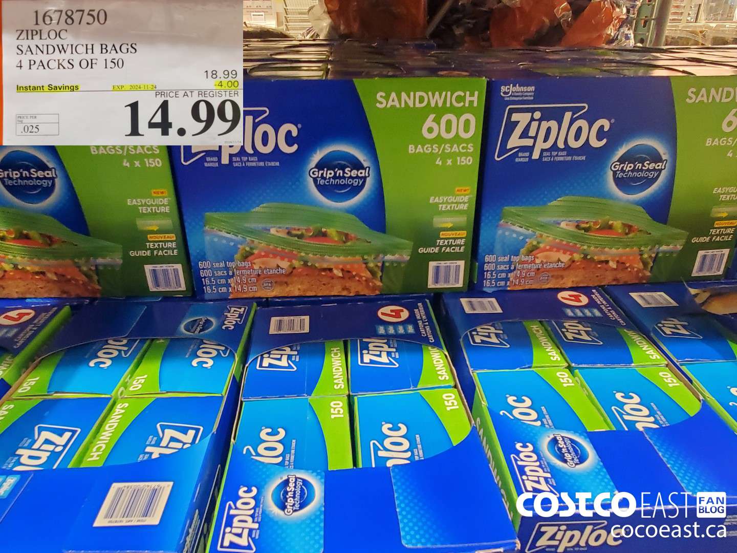 1678750 ZIPLOC SANDWICH BAGS 4 PACKS OF 150 ($4.00 INSTANT SAVINGS EXPIRES ON 2024-11-24) $14.99