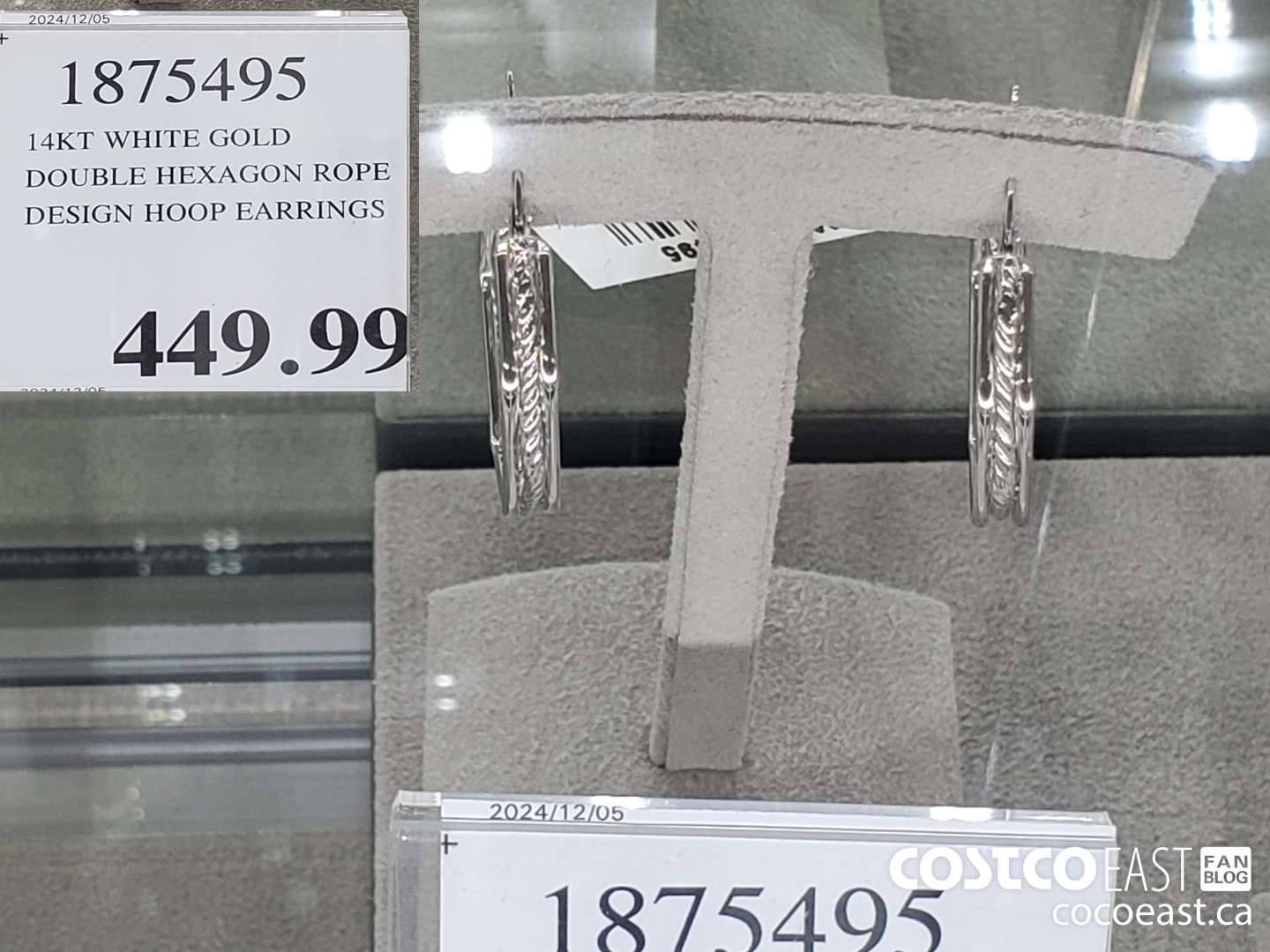 1875495 14KT WHITE GOLD DOUBLE HEXAGON ROPE DESIGN HOOP EARRINGS  $449.99