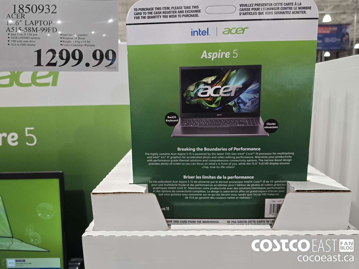 1850932 ACER 1,.6° LAPTOP A515-58M-99FD $1299.99