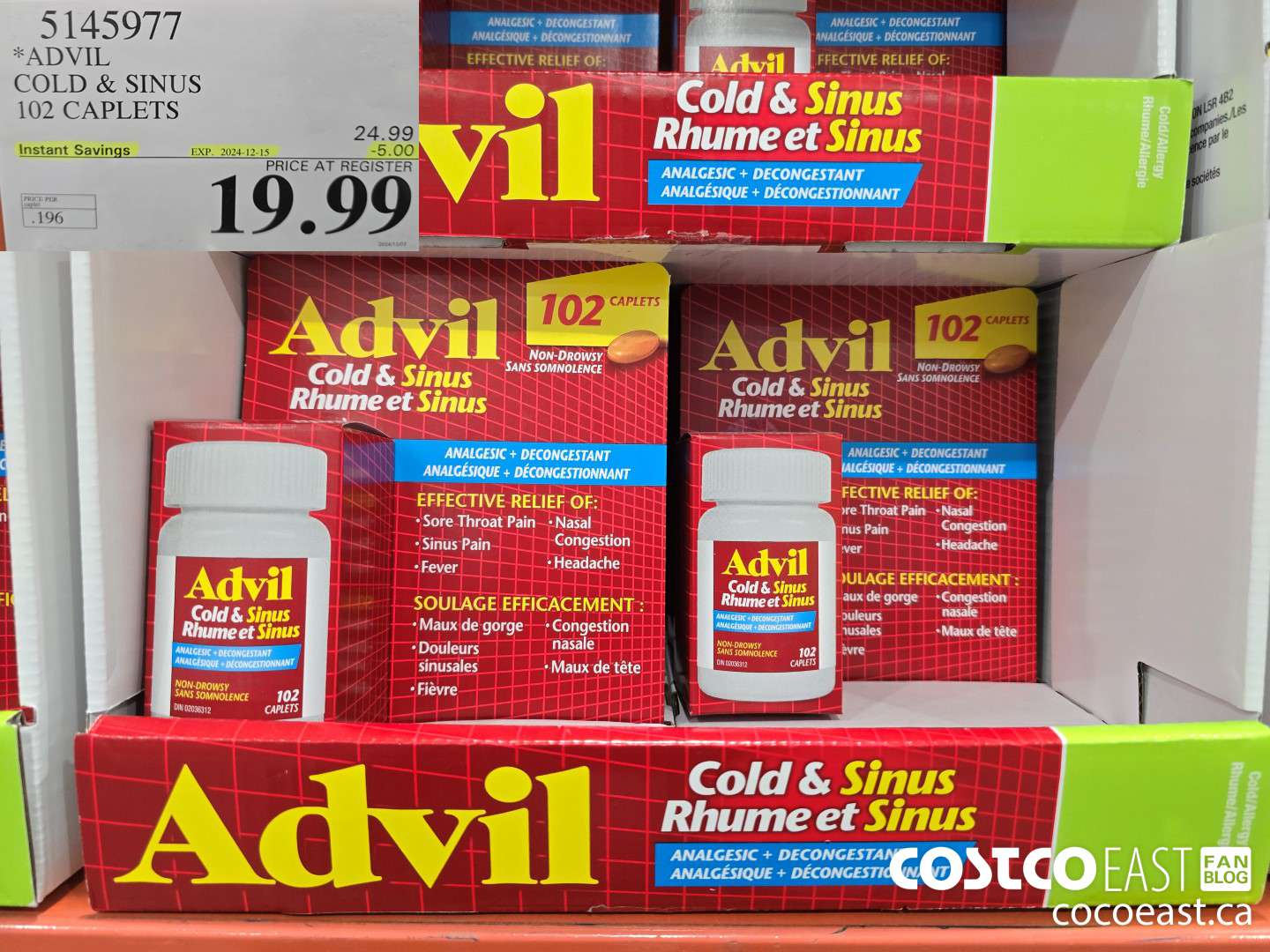 5145977 ADVIL COLD & SINUS 102 CAPLETS ($5.00 INSTANT SAVINGS EXPIRES ON 2024-12-15) $19.99